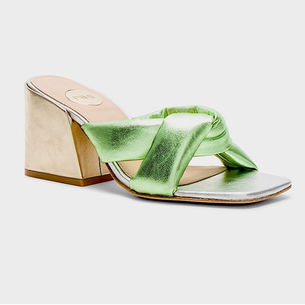 Lanica Metallic Mule Slide Heel Sandal  w mint knotted detail front